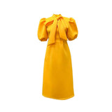 Fongt Large-Size Women's Summer New Bow Bow Pure Color Banquet Dress Skirt Short-Sleeved Dress