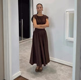 Fongt New Sweet Pure Want To Collect Waist Thin A Word French Girl Folds Splicing Short Sleeve Long Dress Woman