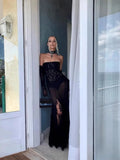 Autumn/Winter 2024 New Black Lace Breast Dress Long Dress Women's Gloves Three-Piece