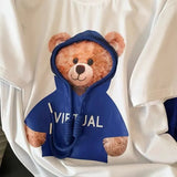 Women's Cute Cartoon Suits White Bear Print O-Neck Short Sleeve T-Shirt + Blue Elastic Waist Trousers 2 Piece Pants Set