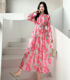 Fongt Women's Autumn Dress French Bubble Sleeves Long Heavy Industry Pressure Folds High-Grade Chiffon Floral Fall-In-Action Dress