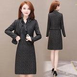 Plaid 2 Piece Dress Sets Spring Fall Elegant Long Sleeve Cropped Jacket Slim Ol Lapel Dresses Suits Oversize 4xl