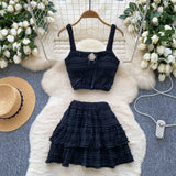 Fongt Dress With Women's Summer Chic Gentle Wind Tie Sling Sling Small Vest + High Waist Folded Lotus Side Half Skirt