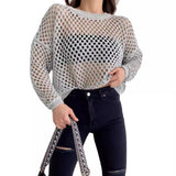 Fongt Spring And Summer New Knitted Shirt Horn Sleeve Loose Round Collar Hollow Sweater Woman