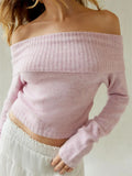 Women Spring Fall Knitted Sweaters Tops Solid Color Long Sleeve Off Shoulder Slash Neck Ribbed Slim Knitwear Jumpers-Outfit