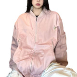 Fongt Vintage Multi-Zipper Work Jacket Female Popular Logo Loose Harajuku Style Baseball Uniform Versatile Jacket-Outfit