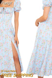 Women Slit Dress, Floral Printed Pattern Square Collar Short Sleeve Backless Long Dresses