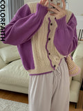New 2022 Korean Fashion Color Blocking Sweaters Chic Women Autumn Winter Oversized Cardigans Elegant Tops