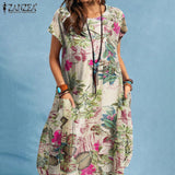 ZANZEA Summer Woman Vintage Dress Bohemian Floral Printed Holiday Casual Robe Vestidos O-Neck Short Sleeve Knee-length