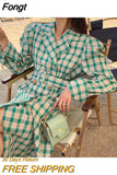 Plaid Oversized Blazer Women Single Breasted Lace Up Mid-length Suit Jacket Ladies High Quality