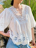 Fongt Embroidery Art White Top Women's Sleeves Holiday Blouse Women's Niche Design Women's Shirt