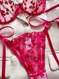 Heart-Shaped Embroidery Mesh Tie Up Lingerie Set-Outfit