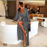 Fashion Womens Sexy Long Sleeve V-Neck Snakeskin Printed Side Split Sundress Lady Summer Holiday Long Maxi