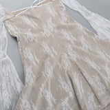 White Square Neck Lace Mesh Long Sleeve Mini Dress-Outfit