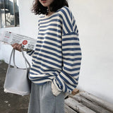 Fongt 2024 New Korean Women's Striped Long-Sleeved T-Shirt Female Top Students Thin Loose Round Collar Hoodie