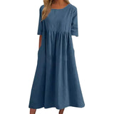 Fongt Cotton-Sleeved Short-Sleeved Pocket Folded Loose Round-Neck Dress In Summer