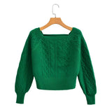 New Square Collar Long-Sleeved Twist Textured Short Sweater In Autumn-Outfit