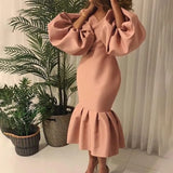 Commute Plus Size Women's Fashion Solid Color V-neck Bubble Long Sleeve Fishtail