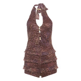 Fongt Summer New Women's Sexy Hottie Fashion Hanging Back Hollow Short Jumpsuit