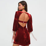 Velvet Square Neck Puff Long Sleeve Mini Dress-Outfit