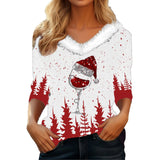 Fongt Wear 2024 New Christmas Elements Print Long Sleeve V Collar Women's T-Shirt-Outfit
