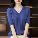 Fongt The Summer Of 2023, Women's Knit Short Sleeve Korean V-Neck Solid Color T-Shirt And A Pit Top-Outfit