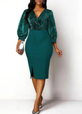 Elegant Temperament 5XL Women's Dress Solid Color High Waist Panel Shiny Slim Fit Wrap Hip Party Dress-Outfit