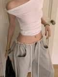 Fongt Collared Shoulder T Women 2025 Summer New Design With A Short Slanted Shoulder Jacket + Casual Broad Leggings
