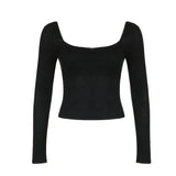 Solid Color Square Neck Lace Trim Bow Tee-Outfit
