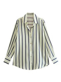 Fongt New Fashion Temperament Lapel Multi-Color Stripe Silk Satin Texture Long Sleeve Loose Shirt Female-Outfit