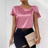 Summer Satin Short-Sleeved Satin Kink Solid Color Loose All Kinds Of Top Girls-Outfit