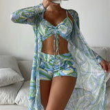Fongt New Women's Three-Piece Bikini Mesh Gauze Blouse Gradient Print Lace Fashion Anti-Sai