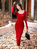 Retro Red Hepburn Style Square Collar Impact Knitted Dress Thin Red Dress With Autumn And Winter Backing-Outfit