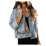 New Denim Jacket Women's Long Sleeve Women's Jacket Women's Leopard Print Patchwork Top-Outfit