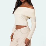 Fongt 2025 New Knitted Top Women's Clothing Pure Color Collar Shoulder Long-Sleeved Cover Sweater Woman