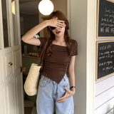 Women's T-Shirt Shows A Sense Of Thin Short-Sleeved Design Minority Pleated Irregular Slimming Blouse Square Collar Clavicle