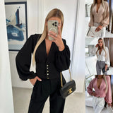 Ebay Hot Spring Solid Color V Collar Button Lantern Sleeve Shirt Shirt Woman-Outfit