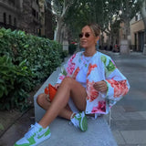 Fongt Summer Women's Retro Loose-Fitting Round-Neck Long-Sleeved Flower Print Drawstring Cotton Coat
