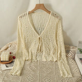 Hollow Out Sweater Shirts Lady Summer Full Sleeve Laced Crocheting Cardigan Thin Short Coats for Slim Woman-Outfit