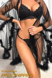 See Through Lace Feather Robe Nightgown For Women Deep-V Cardigan Horn Sleeve Lingerie Night Wear Bathrobes