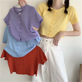 Fashion Short Sleeve Knitted Crop Top Women Harajuku Casual O Neck Single-breasted Tee Shirt Femme Ropa