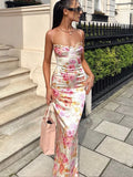 Summer Spaghetti Strap Maxi Party Dresses Casual White Floral Print Slim Go Out Holiday Dress Cute New In Dress 2023-Outfit