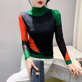 Women's Autumn Winter Long Sleeve Turtleneck Mesh T-shirts Female's Positioning Printing Tee Top FF0851-Outfit