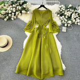 Fongt Court Dress Female Design Tuxedo V Collar Long Three House Press Folding Horn Sleeve Dress Woman