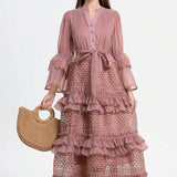 Fongt Elegant Gentle Wind Horn Sleeve Hollow Lace Splicing Cake Dress Women's Waist Thin Temperament
