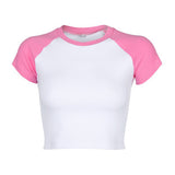 Fongt Color Thread Rotator Sleeve T-Shirt Women's Short Crop Tight Thin Shirt Short Sleeve