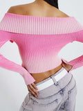 Lapel Gradient Print Long Sleeve Cardigan Crop Top for Women Off Shoulder Knitted Ribbed Zip Up Sweaters Jumpers 2023-Outfit