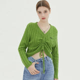 Knitted Long Sleeve Sweater Women V-neck Drawstring Lace Up All-match Pullovers 2021 Autumn Fashion Ladies