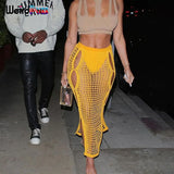 Puss Summer Knitting Sexy Long Skirt Women Elastic See-Through Hollow Out Grid Party Streetwear Bottom Solid Color