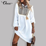 Vintage Printed Women's Dress 2021 Spring Long Sleeve Ruffles Sundress Casual Patchwork Lace-up Bohemian Party